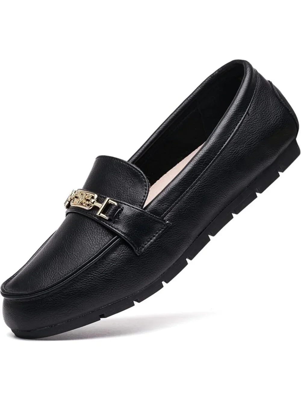 Women's Black Leather Comfort Walking Pull On Leisure Slip On Loafer Flat Shoes